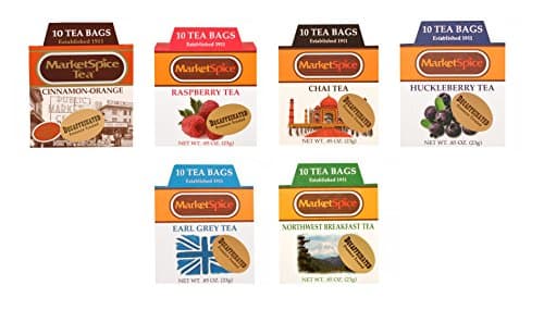 Decaf tea sampler set, Market Spice decaffeinated Variety tea pack of 60 Tea Bags, Assortment of 10 Each Cinnamon Orange, Raspberry, Chai, Huckleberry, Earl Grey, Northwest Breakfast
