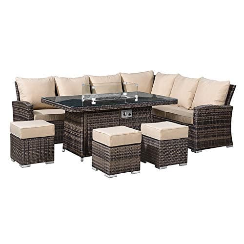Nova - Cambridge Outdoor Rattan Corner Dining Set - Fire Pit - 8 Seater - Weather Resistant - Aluminium - Garden Table & Right Arm Sofa with Stools - Flat Weave Patio Furniture - Brown