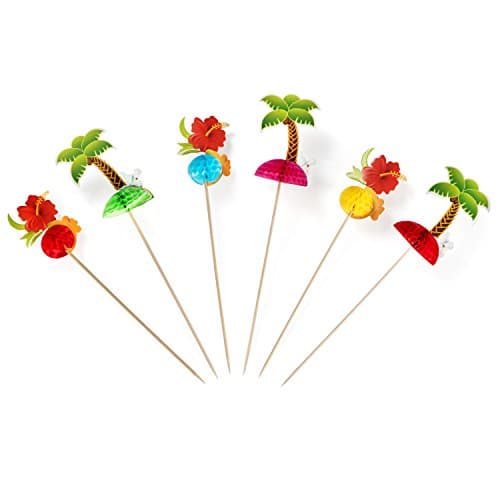 24 Pack - Hawaiian Luau Cocktail Picks - 12 Palm Tree Picks and 12 Tropical Flower Picks – Perfect for Tiki Parties, Hula Festivals, Pig Roasts, or any Island Themed Event! – by Haute Soiree