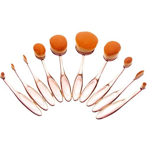 Summifit 10 Pcs Oval Makeup Brushes Set Contour Foundation Concealer Blush Eyeshadow Brush Kit Mineral Cream Powder Cosmetics Tools (Lovely Pink Rose Gold)