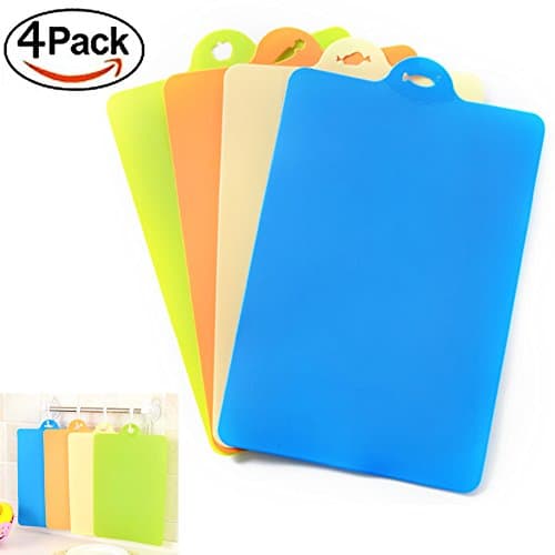 Extra Thick Flexible Plastic Cutting Board Mats With Food Icons,Set of 4 Color Coded Boards Happy Kitchen Collection (4)