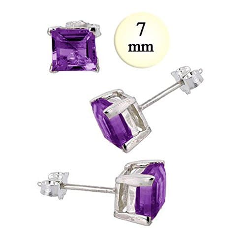 Sterling Silver Stud Earring Aprx 2.5 Carat Total Weight, 7mm Each Princess Cut Simulated Amethyst Gemstone Earring. Set on High Quality Prong Setting with Rhodium Finish &amp; Friction Style Post