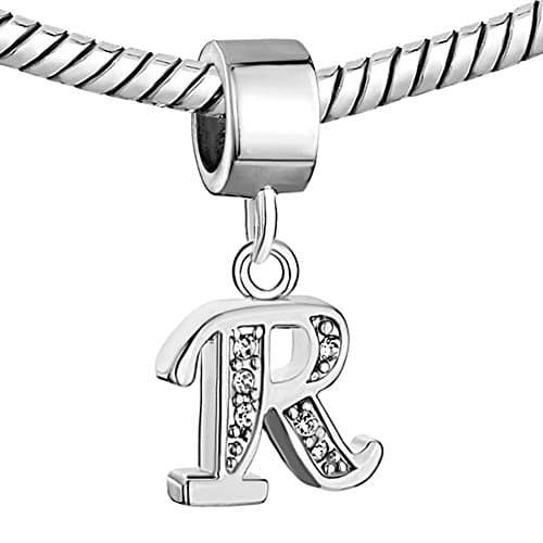Alphabet Beads A-Z Letter Initial Spacer Dangle Clear Synthetic Crystal Silver P Charm For Snake Chain Bracelets (Letter R)