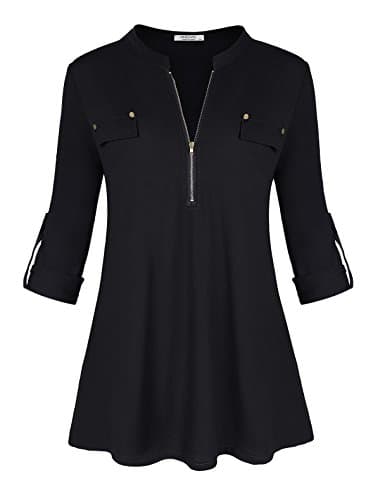 Ya Ya Hood Womens Split V-Neck 3/4 Roll-Up Sleeve Zip Up Casual Shirt Blouse Top