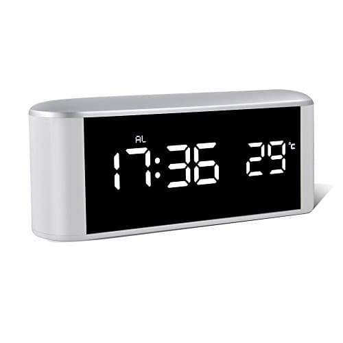 LED Alarm Clock, HeQiao Multi-fuction Touch Sensitive Large Battery Digital Alarm Clock Mirror Makeup USB Rechargeable Eye-Care Travel Alarm Clock W/ Temperature Snooze for Home Office - Ivory White
