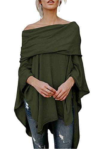 FOXRED Womens Off Shoulder Irregular Hem Soft Knitted Poncho Sweater Pullovers