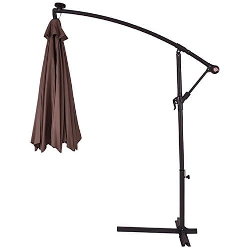 Tan 10FT Solar Powered LED Offset Hanging Umbrella With Heavy Duty Steel Cross Base Lawn Market Garden Backyard Pool Side Beach Patio Outdoor Furniture Sun Shade UV Protective And Water Repellant