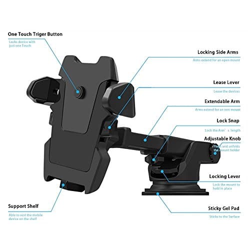 Long Arm Car Mount Holder - Easy to Put Phone in and Take out, Fit for iPhone 7 6 5/S/Plus, Samsung Galaxy S7 6 5/Note/Edge and Nexus 6P 5X / Pixel XL and More - Windshield/Dashboard OK(Black)