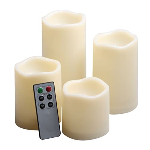 4 PCS Outdoor Flameless Candles with Remote and Timer, LED Pillar Candles, Waterproof Battery Operated Candles, Long Battery Life, Size 3"x3", 4", 5", and 6" (set of 4 ivory candle)