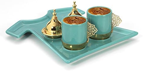 New 2017 Premium Ceramic Caftan Turkish Greek Arabic Coffee Espresso Serving Set for 2,Cups Tray Delight Sugar Dish with lid 7pc (turquoise Gold)