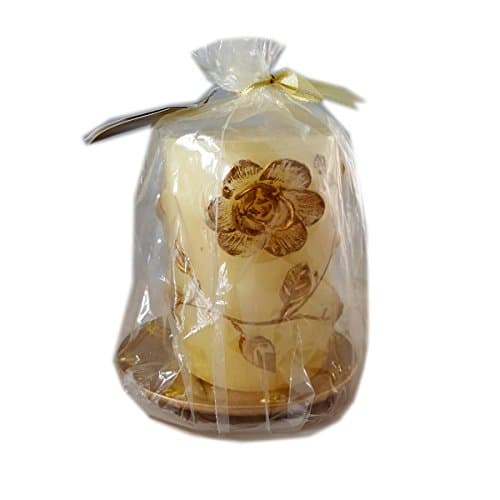 Scented Spring Rose Sculpted Large 6x4 Pillar Candle w/ Dish Gold