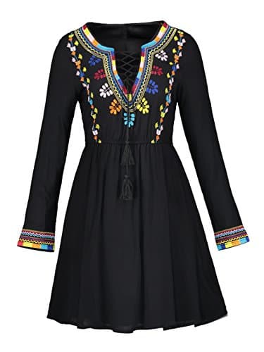 Bohoartist Full Sleeve Black Printed Boho Lace up V Neck Cotton Women Dress