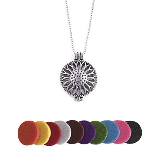 Antique Silver-tone Aromatherapy Essential Oil Diffuser Sunflower Locket Pendants Jewelry with Chain
