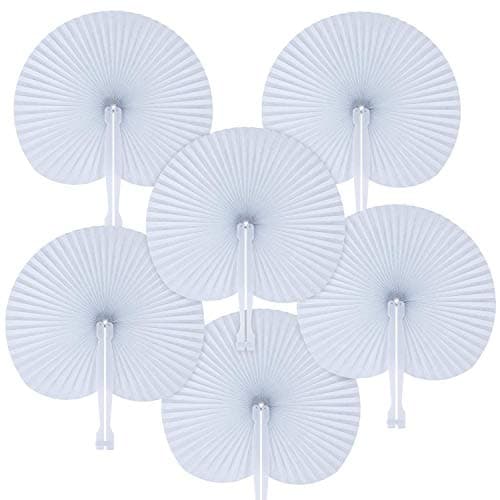 EVERGD 24 Pack White Handheld Paper Folding Fans in Round Shape Paper Fans Assortment with Plastic Handle for Wedding Favor Party Bag Filler (Round-shaped)