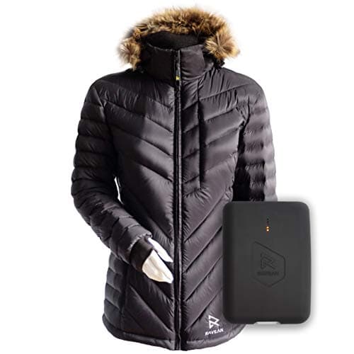 Ravean Women's Down Heated Jacket | Lightweight Water Resistant Jacket w/Mobile Charging Outlet Detachable Hood & Battery