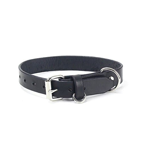 Bridle Leather Dog Collar by Rugged Material - Real Black Leather Collar with Leash Attachment and Dog Tag Ring - Medium (Black)