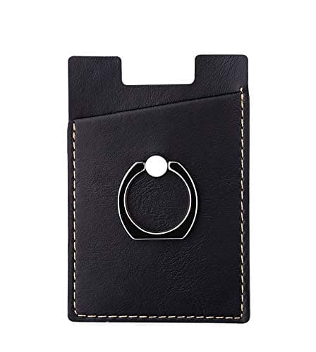 lenoup PU Leather Stick On Cell Phone Wallet Finger Ring Grip,Cell Phone Card Holder Kickstand Phone Pocket Stand for Credit Card, Business Card ID and Keys(Black)