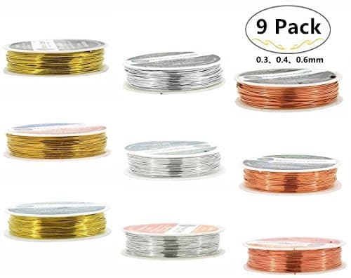 Magnolora 9 Spool 0.3, 0.4, 0.6mm Tarnish Resistant Bare Copper Wire Jewelry Beading Wire Roll for Crafts Beading Jewelry Making