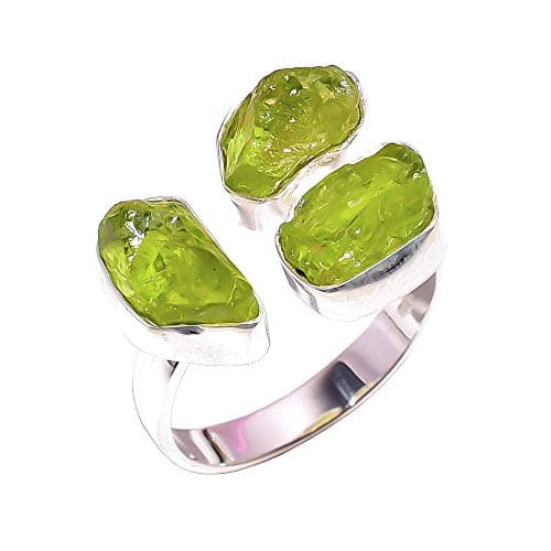 925 Sterling Silver Ring Size UK T 1/2 Adjustable, Natural Raw Peridot Women Jewelry RSR2268