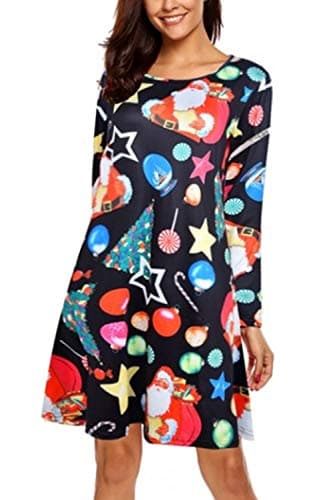 LaSuiveur Women's Christmas Santa Claus Print Pullover Flared A Line Dress