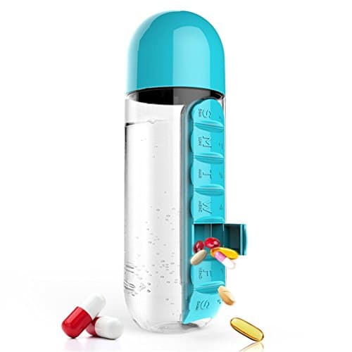 ADGWRA 600Ml Sports Plastic Water Bottle With Pill Boxes Drinking Kettle Leak-Proof Canteen Outdoor Blue