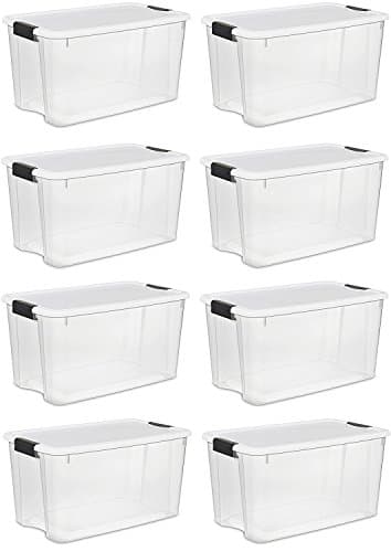 Sterilite 19889804 Storage Boxes,White Lid &amp; Clear Base with Latches,70 Quart/66Liter,4-Pack (70-Quart (8-Boxes))