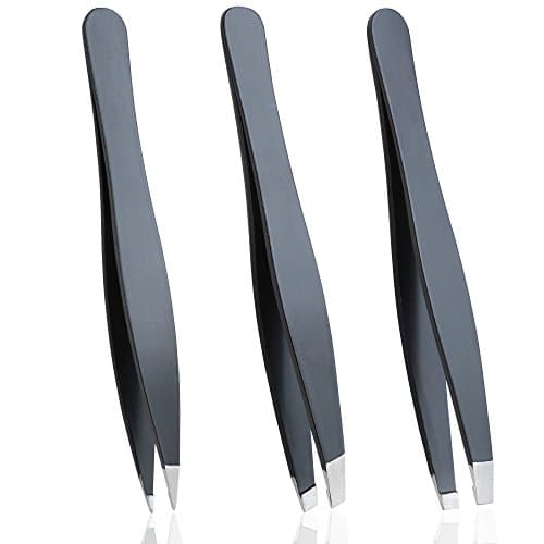 Tweezers for Eyebrows Set of Three- Includes Case with Professional Pointed Needle Nose, Slant & Straight Precision Stainless Steel- Ingrown Hair Nose, Hair Eyebrow & Splinters (Multi) (Black)