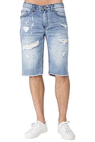 Men's Light Blue Relax Premium Denim Cut Off Shorts Distressed Mended Raw Edge
