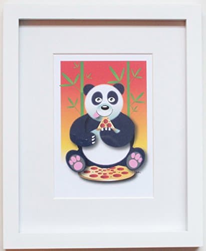 Pizza Panda, original framed nursery decor. 8x10inch white frame with mat. Hand signed by the artist. Like most of our designs, it's also available in a larger 11x14inch frame.