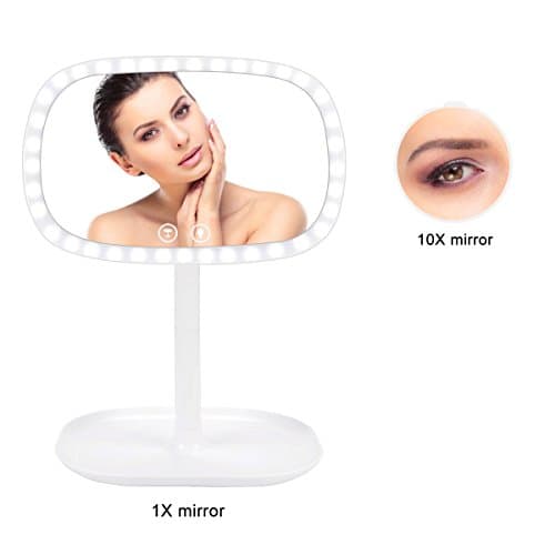 Lighted Vanity Makeup Mirror with Table Lamp - Detachable 10X Magnification , 47Led Lights with Touch Screen and 360-degree Adjustable Stand, Battery Operated and USB Charging