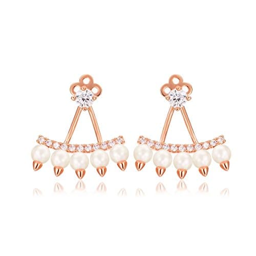 Windshow 18K Gold Plated Peacock Five Row Pearl Zircon Front and Back Double Side Ear Jacket Stud Earrings (Rose Pink)