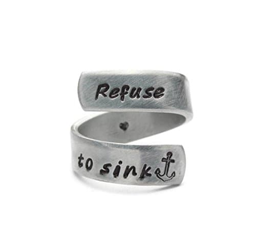 Refuse to Sink Adjustable Hand Stamped Wrap Ring, LARGE/EXTRA LARGE Size (Ring sizes 9 though 12), Survivor, Inspirational Jewelry