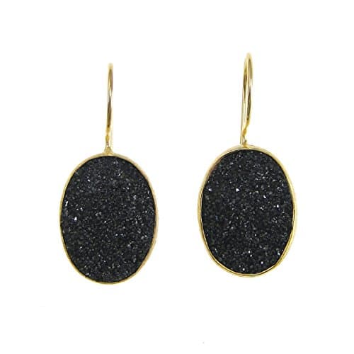 Black Druzy Oval Gold Earrings - Tear Drop Pear Shaped Gemstone Drop Earrings