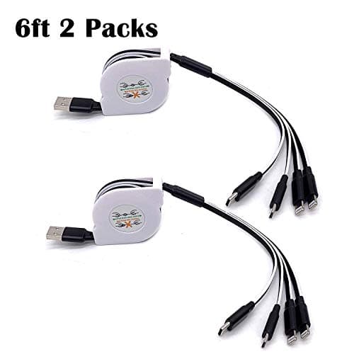 HagieNu 2 Packs 6ft Retractable 4 in 1 USB Cable with iPh Plug x2/Type C/Micro USB Port 4 Connectors Universal Multiple USB Charging Cord for Phone XS MAX/XR/8 Plus,Samsung S10/Note 9 (2packs, Black)