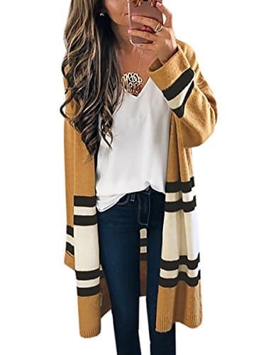 Womens Long Cardigans Yellow Color Block Open Front Long Sleeve Kint Cardigan Sweaters By SUNMMWERY,Yellow,Medium