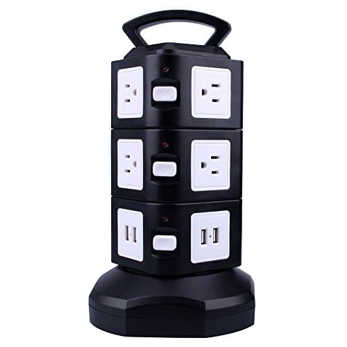 LIFEET Vertical Power Strip Multi-sockets 10 Outlets and 4 USB, 2500W, 110-250 Worldwide Voltage Tower Power Socket Outlets with 6.5 Feet Cord for Home and Office or Store Black