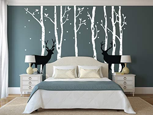 LUCKKYY Birch Tree Deer Wall Decal Forest Birch Trees Birch Trees Vinyl Kids Vinyl Sticker Vinyl Wall Decal Bedroom Kid Baby Nursery Vinyl Removable DIY Decals (Small)