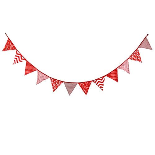 Merry Christmas Triangle Pennant Fabric Flags Mix Pattern Cotton Banners Party Props Outdoor Hanging Bunting Decoration For Birthday Wedding Anniversary Celebration Nursery (Red)