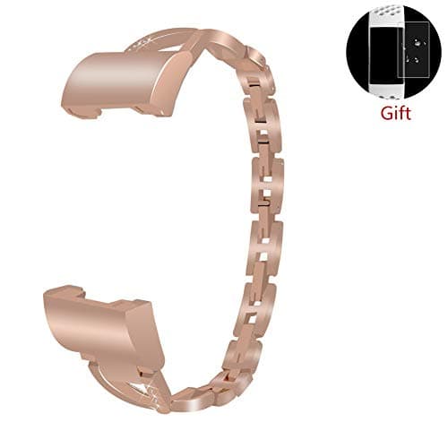 LLGLTEC Smart Watch Band Compatible with Fitbit Charge 3 Metal Alloy X-Shape Watch Strap with Crystal Rhinestone Women Bracelet Accessories Straps Wristband for Fitbit Charge 3 (Rose Gold)