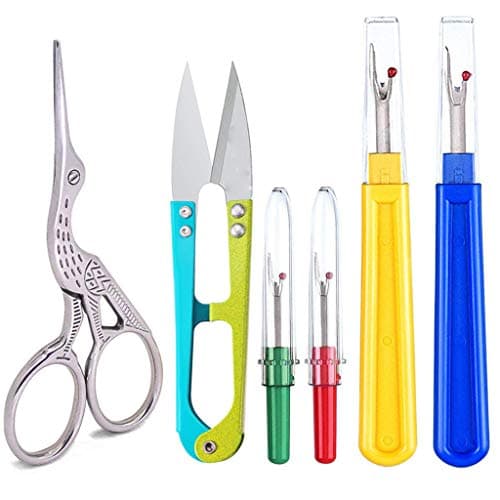 Eraimp 6 Pieces Sewing Seam Ripper Kit - Stork Scissors Silver Small Sharp Tip + 4 x Thread Seam Remover Stitch Unpicker Thread Cutter Tool with Trimming Scissor for Art Work,Threading,Needlework