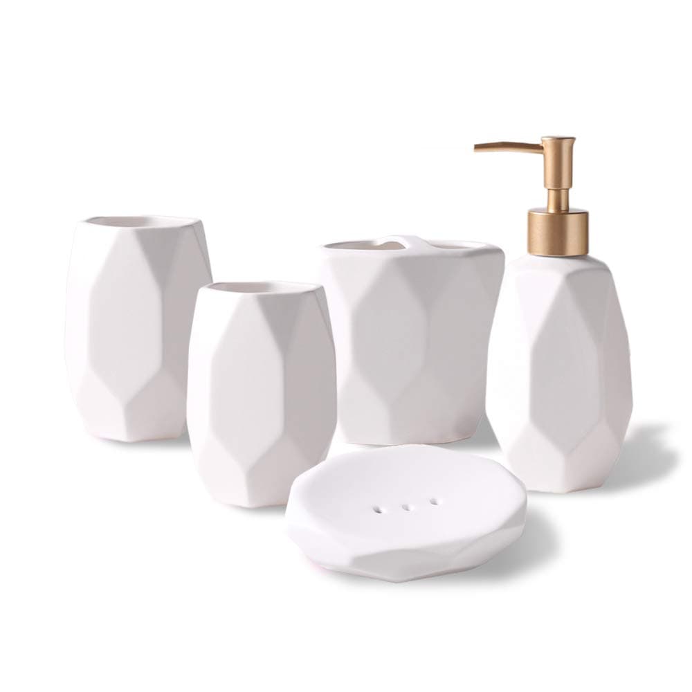 Jung Ford 5-Piece Ceramic Bathroom Counter Top Accessory Set - Dispenser for Liquid Soap or Lotion, Soap Dish, Toothbrush Holder and 2 Tumblers (White)