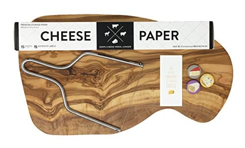 Olive Wood Cheese Board Gift Set with Formaticum Cheese Storage Paper, Cheese Wire, Fridge Magnets and Quote Card
