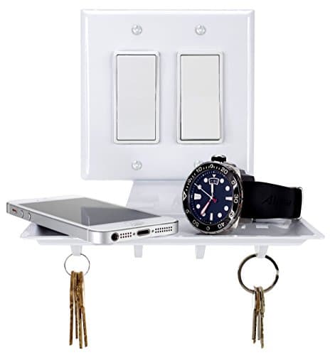 Double White Wide Decora Light Switch Plate Cover Tray with Key Hooks - Easy to Install - Sturdy Coated Metal - Never Lose Your Wallet Keys or Phone Again