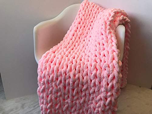 WHITNEY Large Chunky Knit Throw Blanket Soft And Warm Knitted Blanket Chenille Thick Cozy Rug Blanket For Bed Chair Sofa Cover,Pink-50cm*50cm(20″X20″)