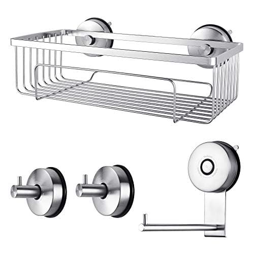 YOHOM 4pcs Suction Cup Bathroom Accessory Set with Shower Caddy Basket, 2 x Towel Shower Hooks, Toilet Tissue Paper Holder, Stainless Steel Brushed Finish
