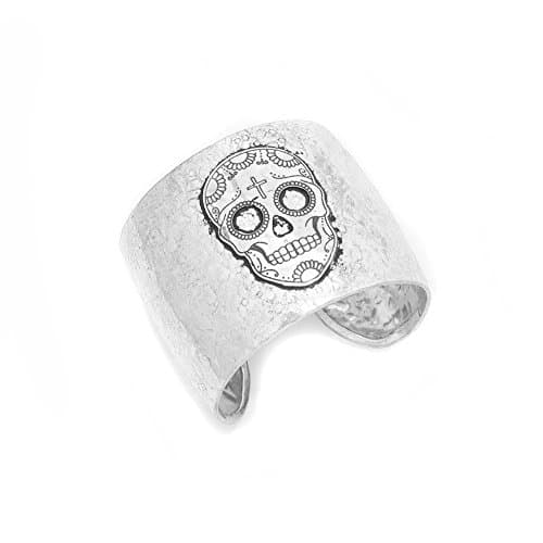 Silver Sugar Skull Cuff Bracelet [Dia De Los Muertos]