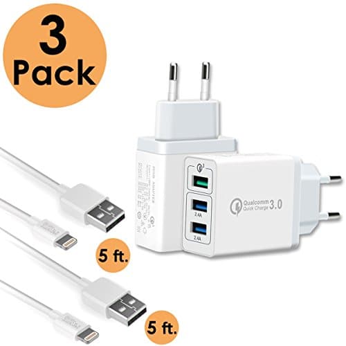 SELLERS360 EU iPhone Quick Charge 3.0 USB, Dual USB Portable Travel Wall Charger 2(5FT) Apple Lightning Cable Charging Cord for iPhone 8/10/6/6/6 Plus, iPad Air 2/Pro/