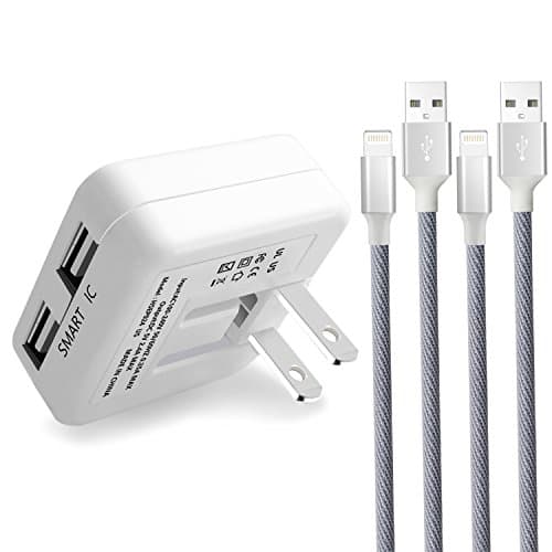 iPhone Charger, Aonear 2.4A 12W Rapid Dual USB Travel Wall Charger Extra 2Pack 6FT Long Lightning Cables for iPhone X/8/8 Plus/7/6s/6s Plus 5S 5 5C SE,iPad and More