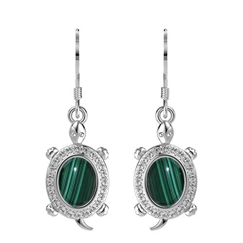 2.40ct, Genuine Cabochon Malachite &amp; 925 Silver Plated Tortoise Dangle Earrings