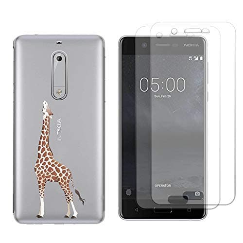 Reshias Nokia 7.1 Case, Phone Case Transparent Clear Soft Gel TPU Silicone Back Cover Bumper for Nokia 7.1 Smartphone (Giraffe) with (2 Pack) Tempered Glass Screen Protector